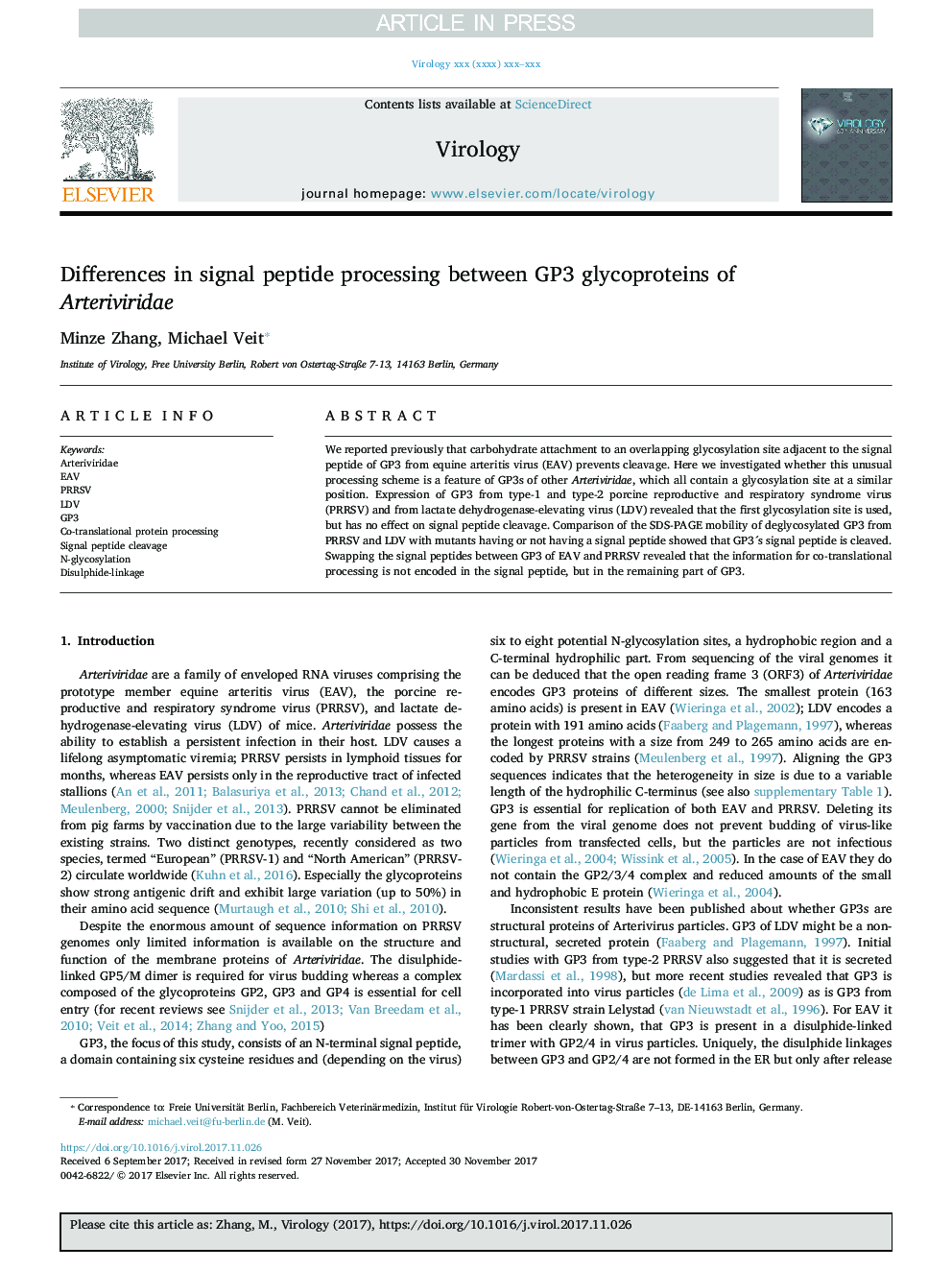 Differences in signal peptide processing between GP3 glycoproteins of Arteriviridae