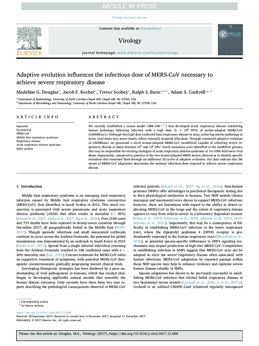 Adaptive evolution influences the infectious dose of MERS-CoV necessary to achieve severe respiratory disease