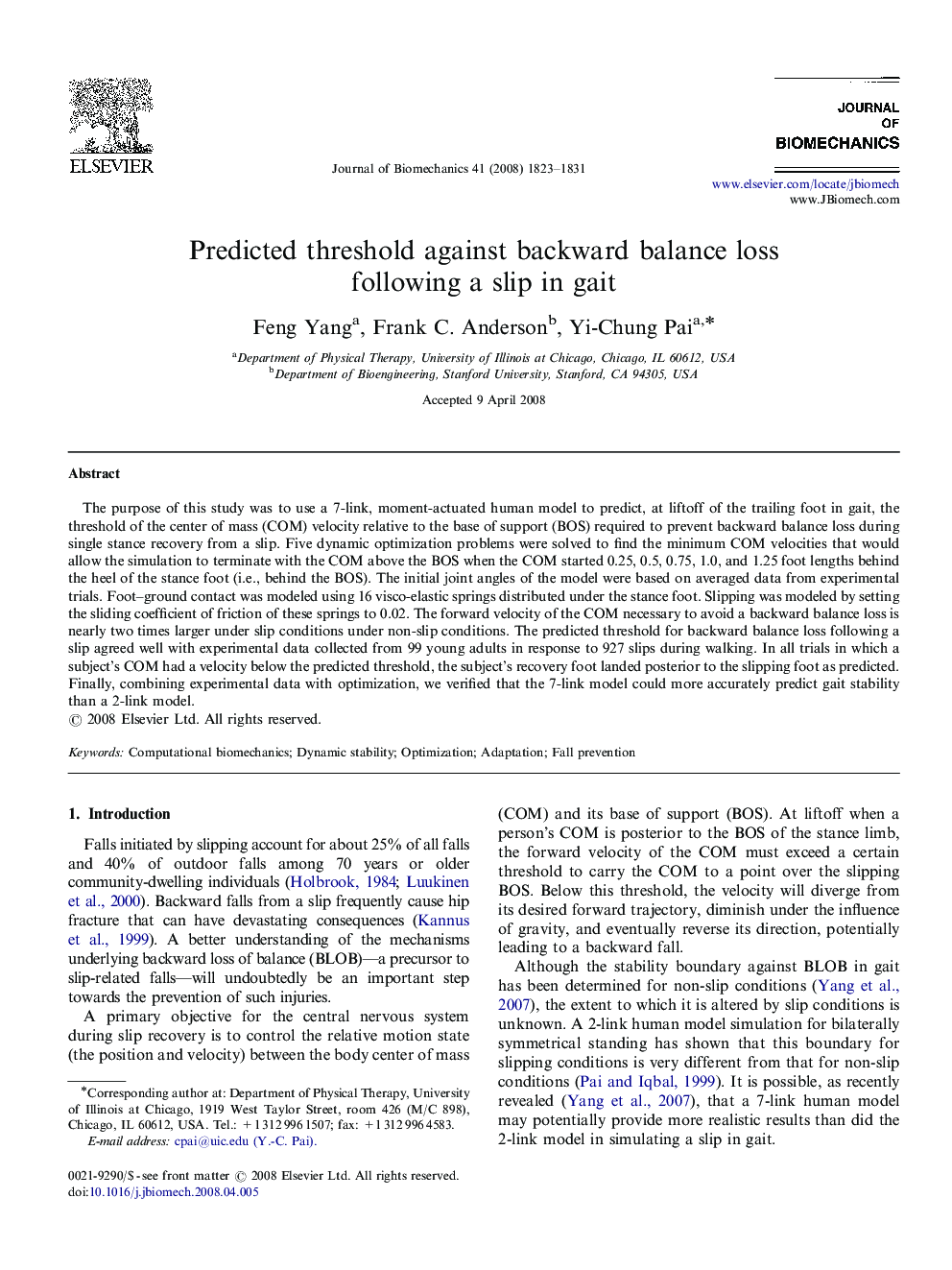 Predicted threshold against backward balance loss following a slip in gait