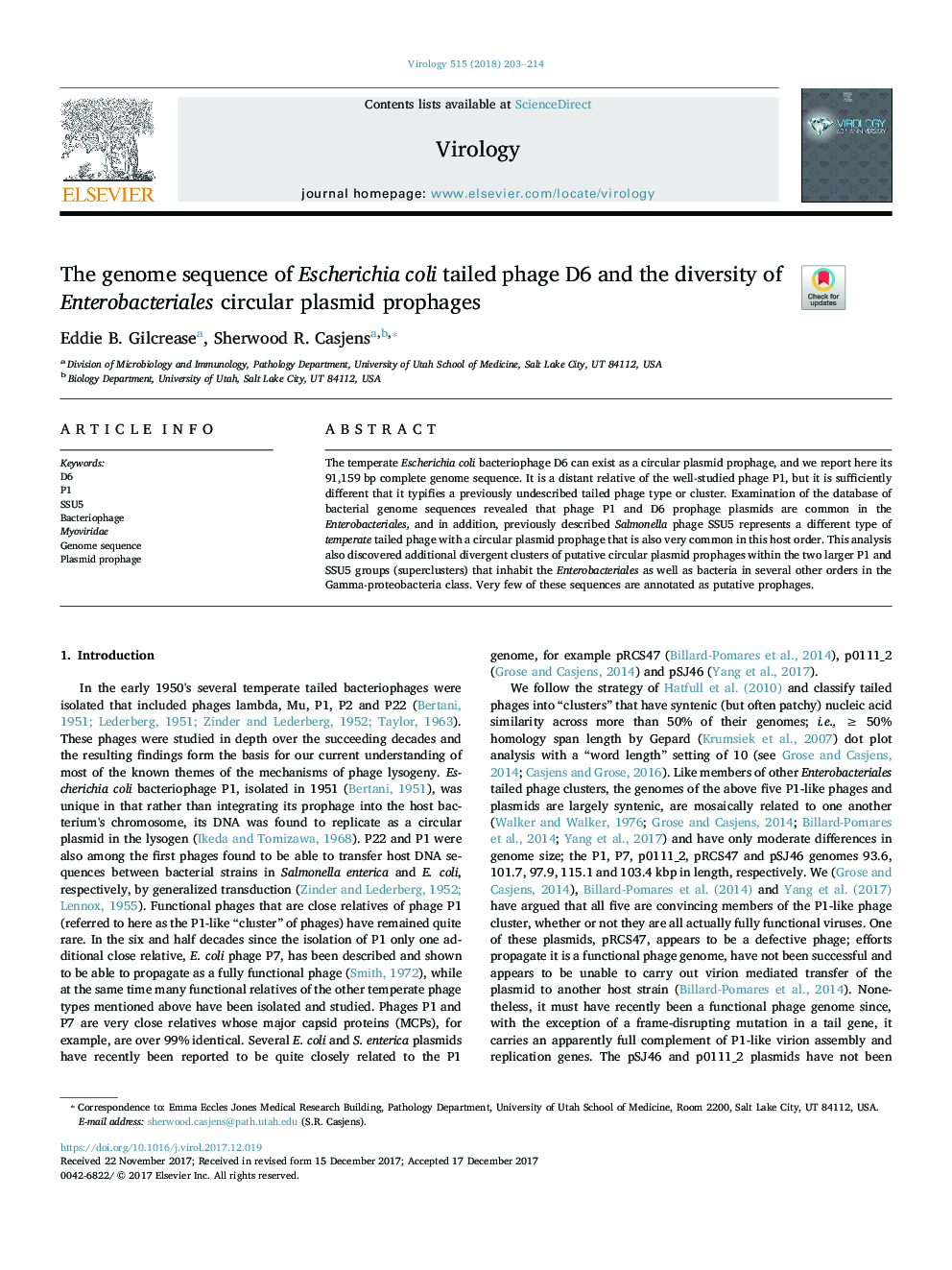 The genome sequence of Escherichia coli tailed phage D6 and the diversity of Enterobacteriales circular plasmid prophages