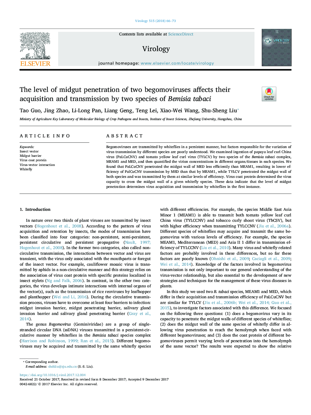 The level of midgut penetration of two begomoviruses affects their acquisition and transmission by two species of Bemisia tabaci