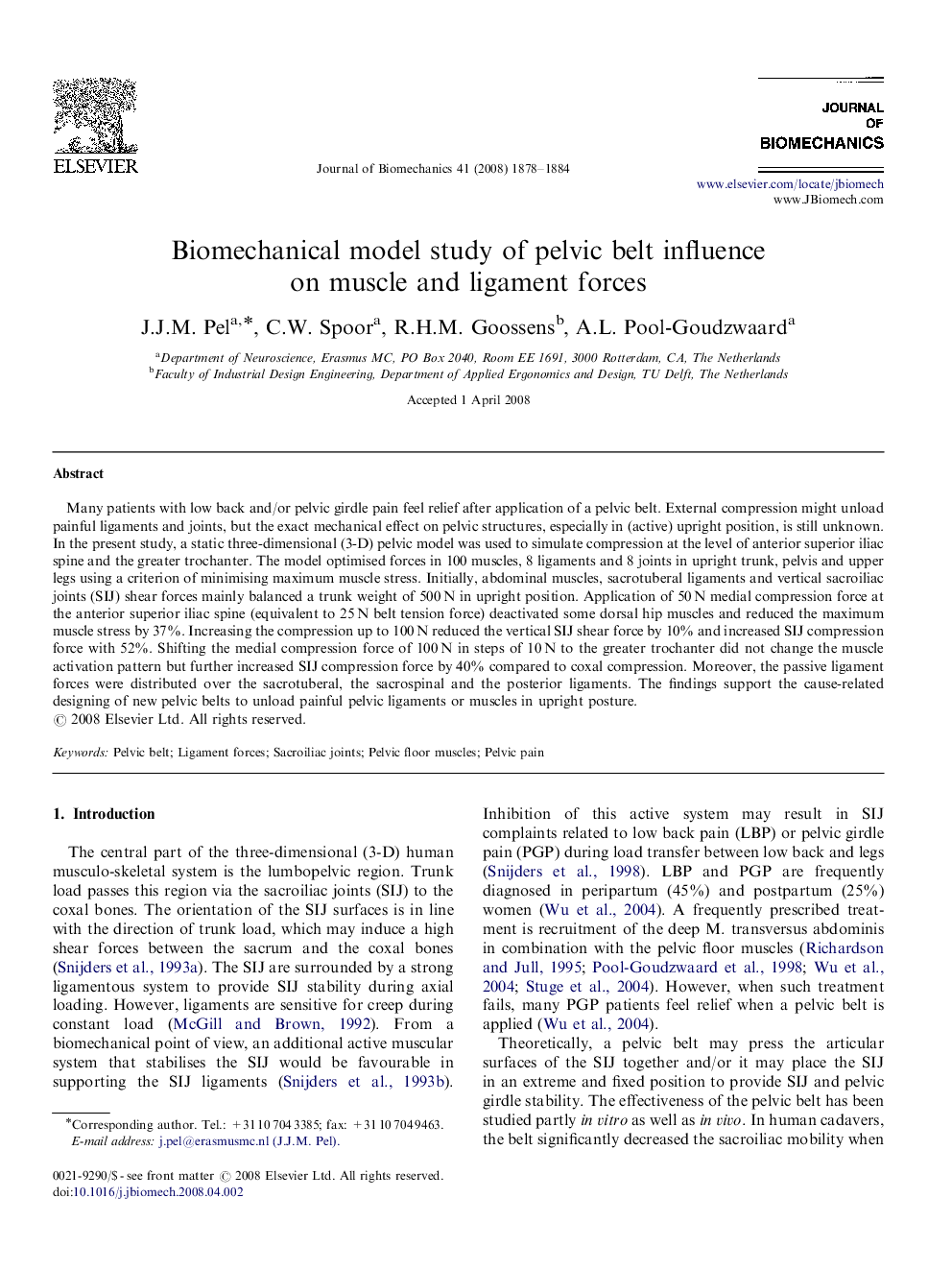 Biomechanical model study of pelvic belt influence on muscle and ligament forces