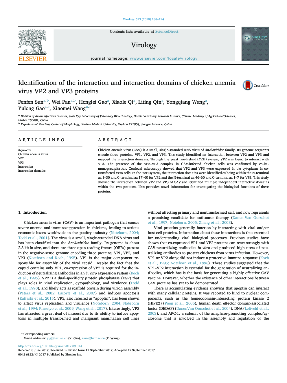 Identification of the interaction and interaction domains of chicken anemia virus VP2 and VP3 proteins