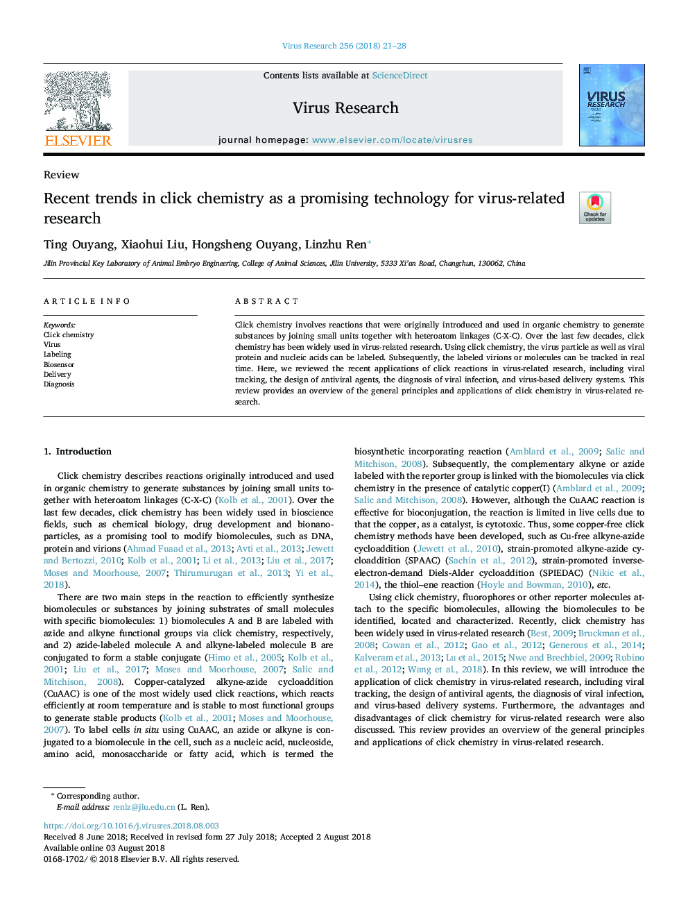 Recent trends in click chemistry as a promising technology for virus-related research