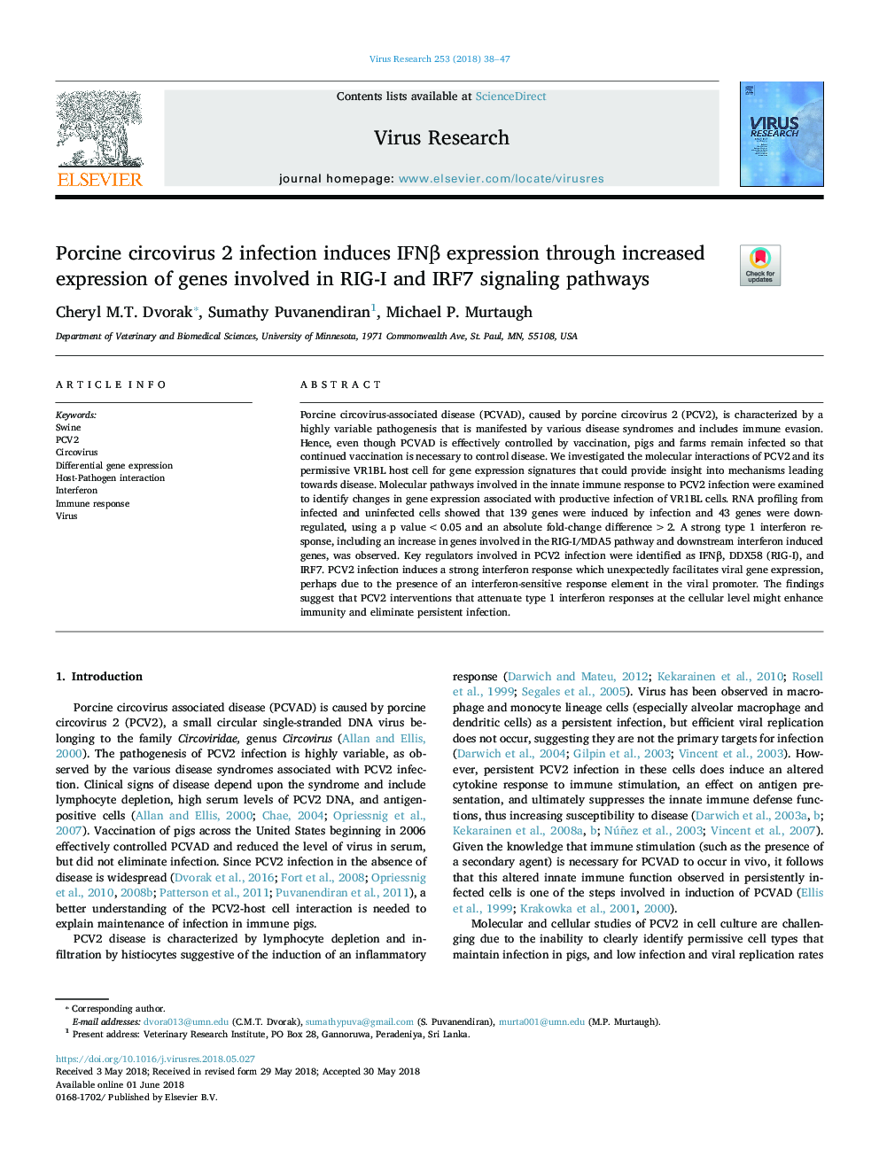 Porcine circovirus 2 infection induces IFNÎ² expression through increased expression of genes involved in RIG-I and IRF7 signaling pathways