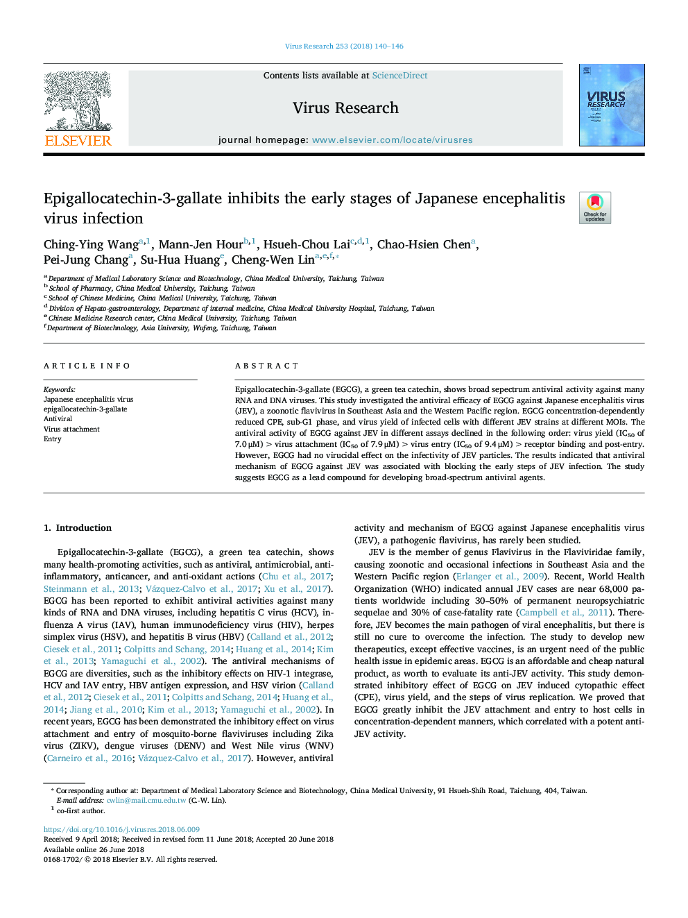 Epigallocatechin-3-gallate inhibits the early stages of Japanese encephalitis virus infection