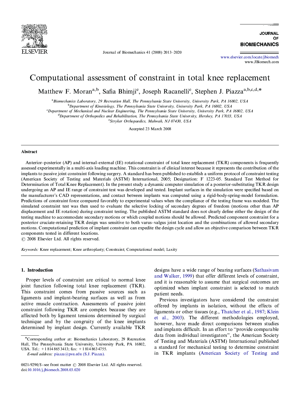 Computational assessment of constraint in total knee replacement