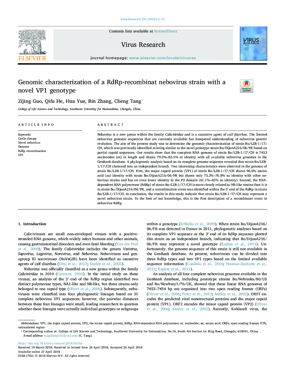 Genomic characterization of a RdRp-recombinat nebovirus strain with a novel VP1 genotype