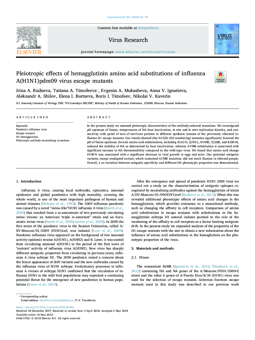 Pleiotropic effects of hemagglutinin amino acid substitutions of influenza A(H1N1)pdm09 virus escape mutants