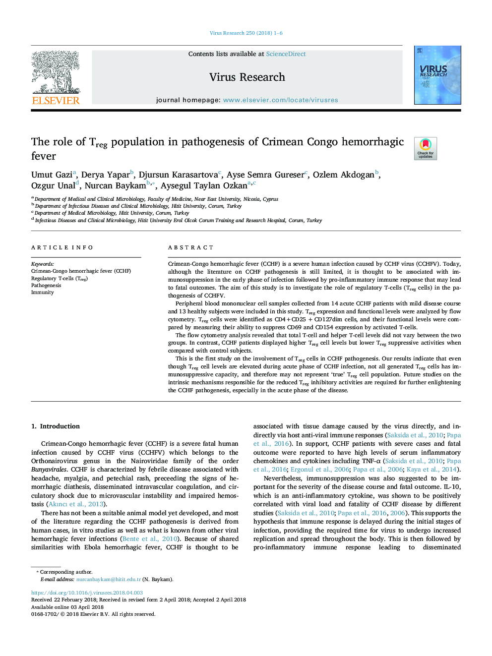 The role of Treg population in pathogenesis of Crimean Congo hemorrhagic fever