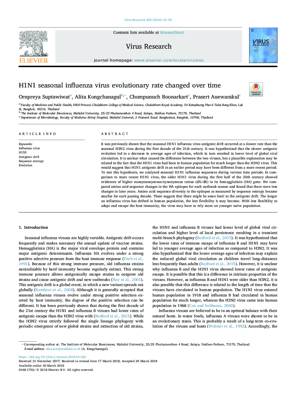 H1N1 seasonal influenza virus evolutionary rate changed over time