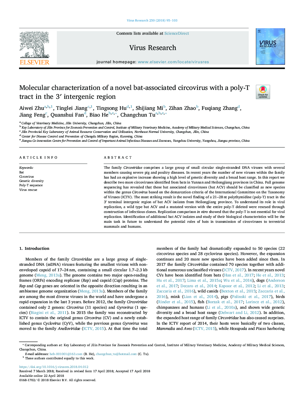 Molecular characterization of a novel bat-associated circovirus with a poly-T tract in the 3â² intergenic region