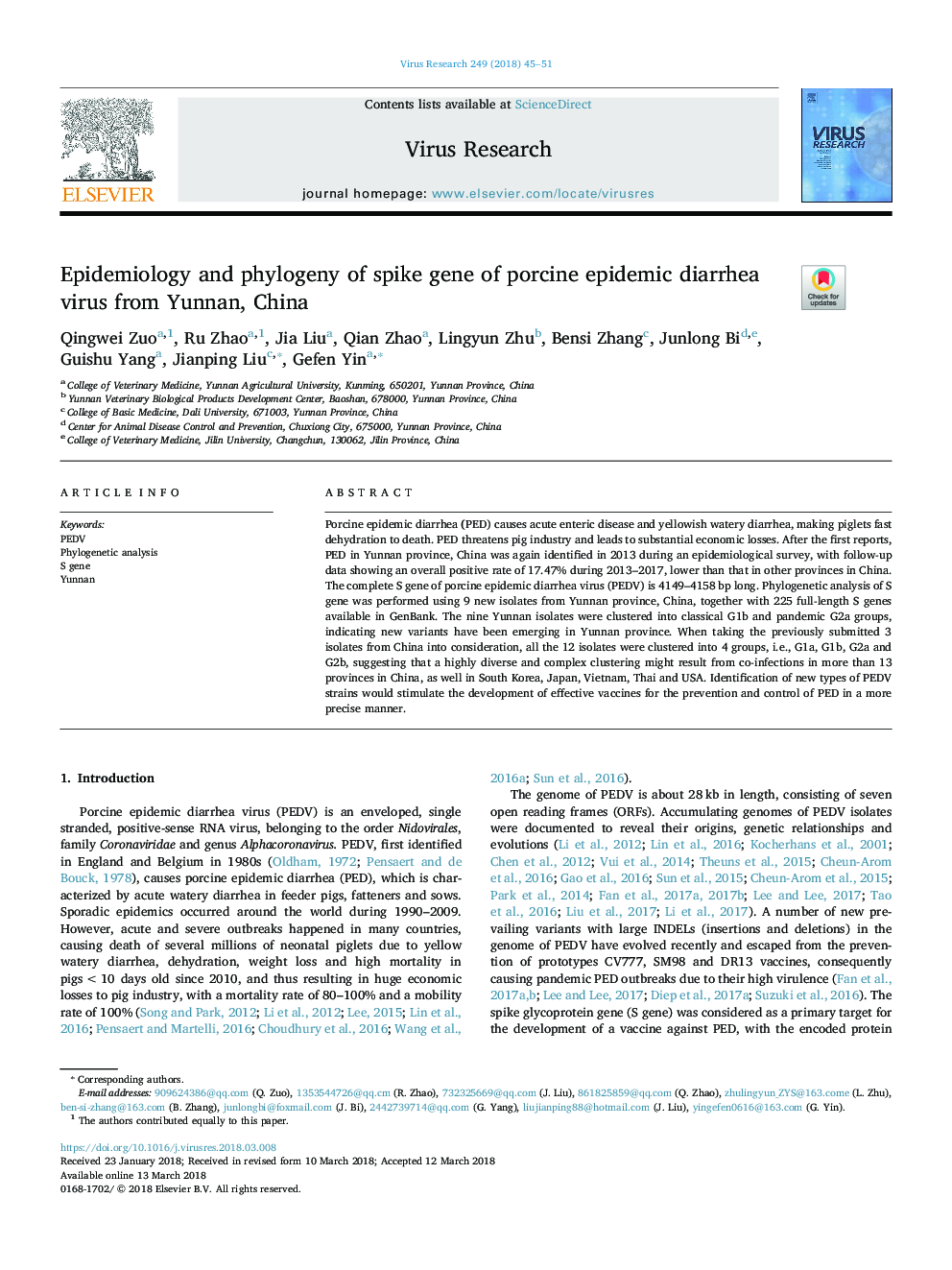 Epidemiology and phylogeny of spike gene of porcine epidemic diarrhea virus from Yunnan, China