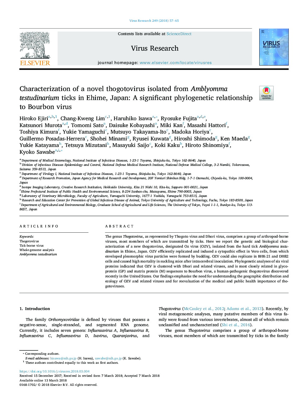 Characterization of a novel thogotovirus isolated from Amblyomma testudinarium ticks in Ehime, Japan: A significant phylogenetic relationship to Bourbon virus