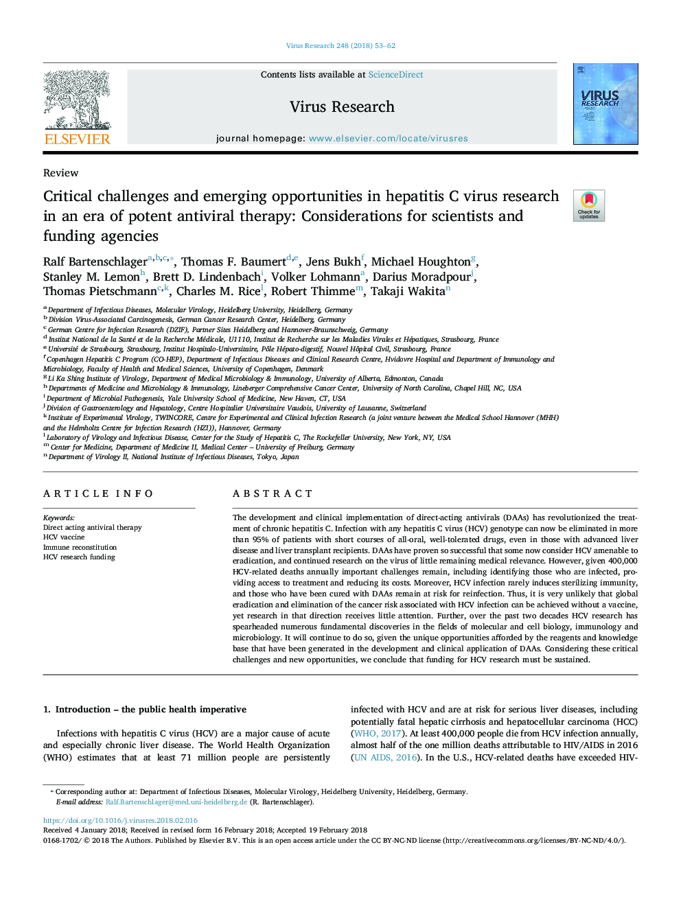 Critical challenges and emerging opportunities in hepatitis C virus research in an era of potent antiviral therapy: Considerations for scientists and funding agencies