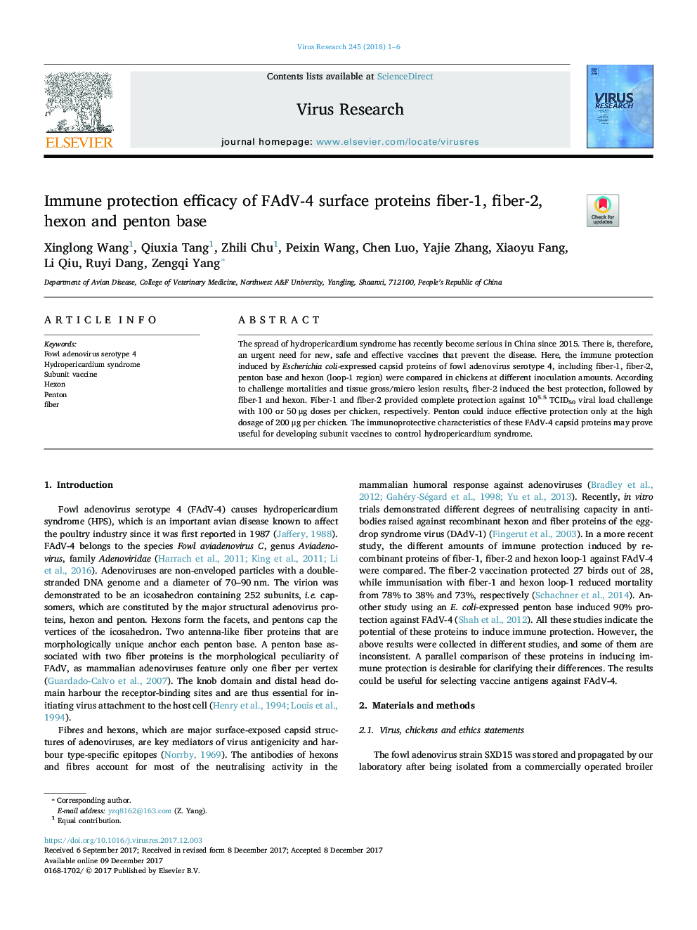 Immune protection efficacy of FAdV-4 surface proteins fiber-1, fiber-2, hexon and penton base