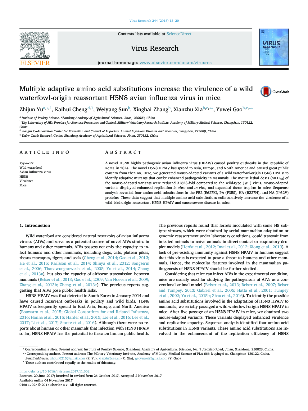 Multiple adaptive amino acid substitutions increase the virulence of a wild waterfowl-origin reassortant H5N8 avian influenza virus in mice