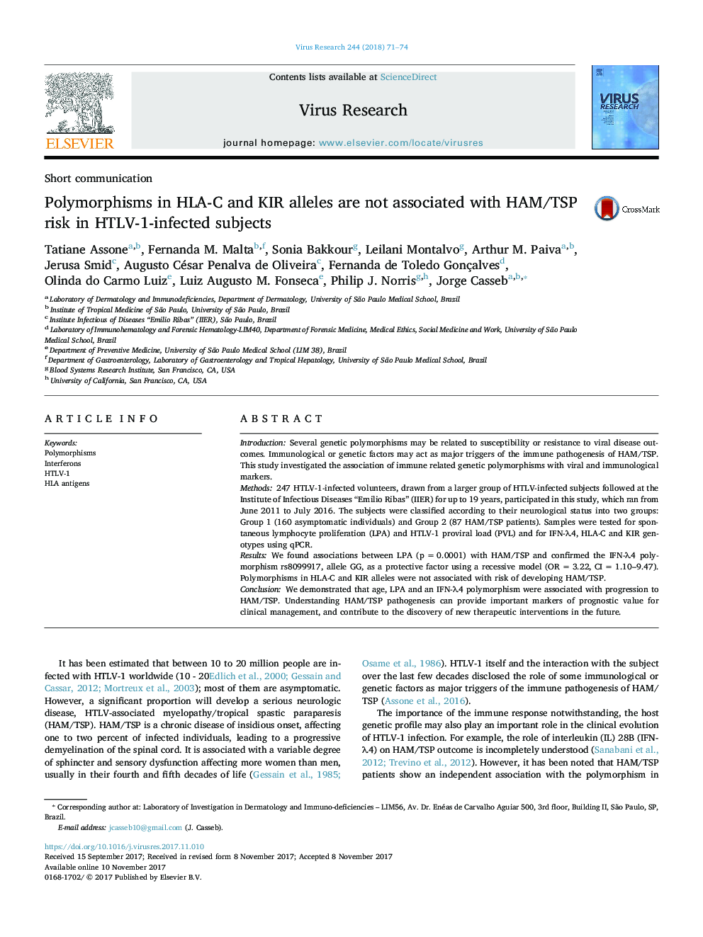 Polymorphisms in HLA-C and KIR alleles are not associated with HAM/TSP risk in HTLV-1-infected subjects