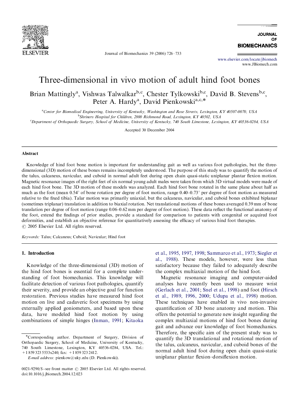 Three-dimensional in vivo motion of adult hind foot bones