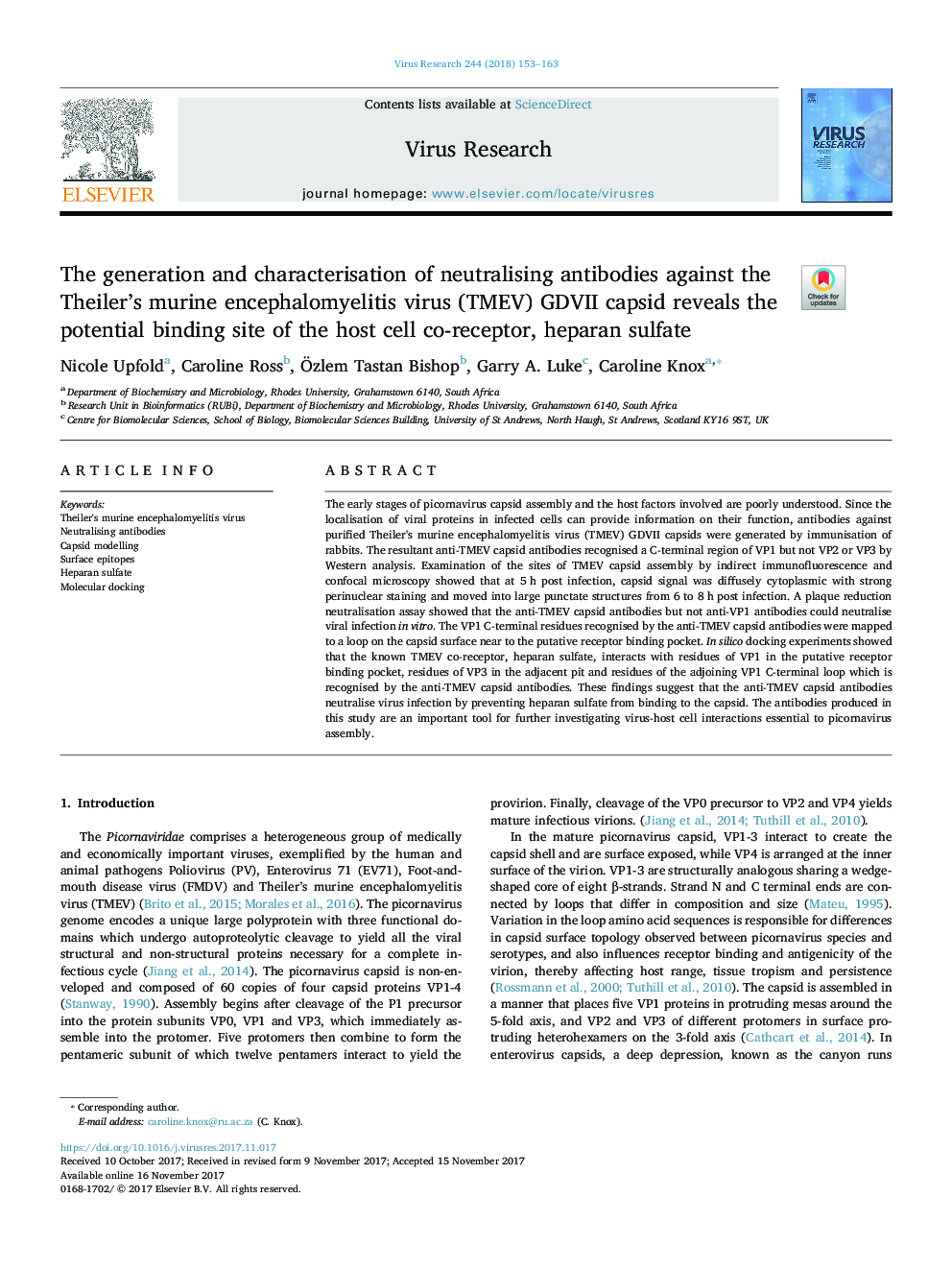 The generation and characterisation of neutralising antibodies against the Theiler's murine encephalomyelitis virus (TMEV) GDVII capsid reveals the potential binding site of the host cell co-receptor, heparan sulfate