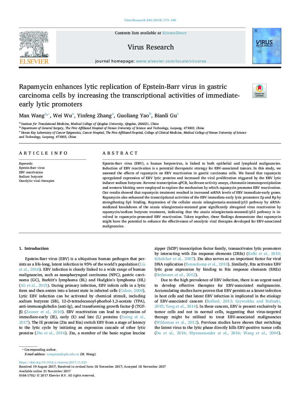 Rapamycin enhances lytic replication of Epstein-Barr virus in gastric carcinoma cells by increasing the transcriptional activities of immediate-early lytic promoters