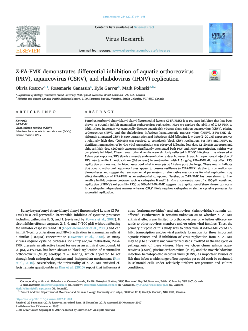 Z-FA-FMK demonstrates differential inhibition of aquatic orthoreovirus (PRV), aquareovirus (CSRV), and rhabdovirus (IHNV) replication