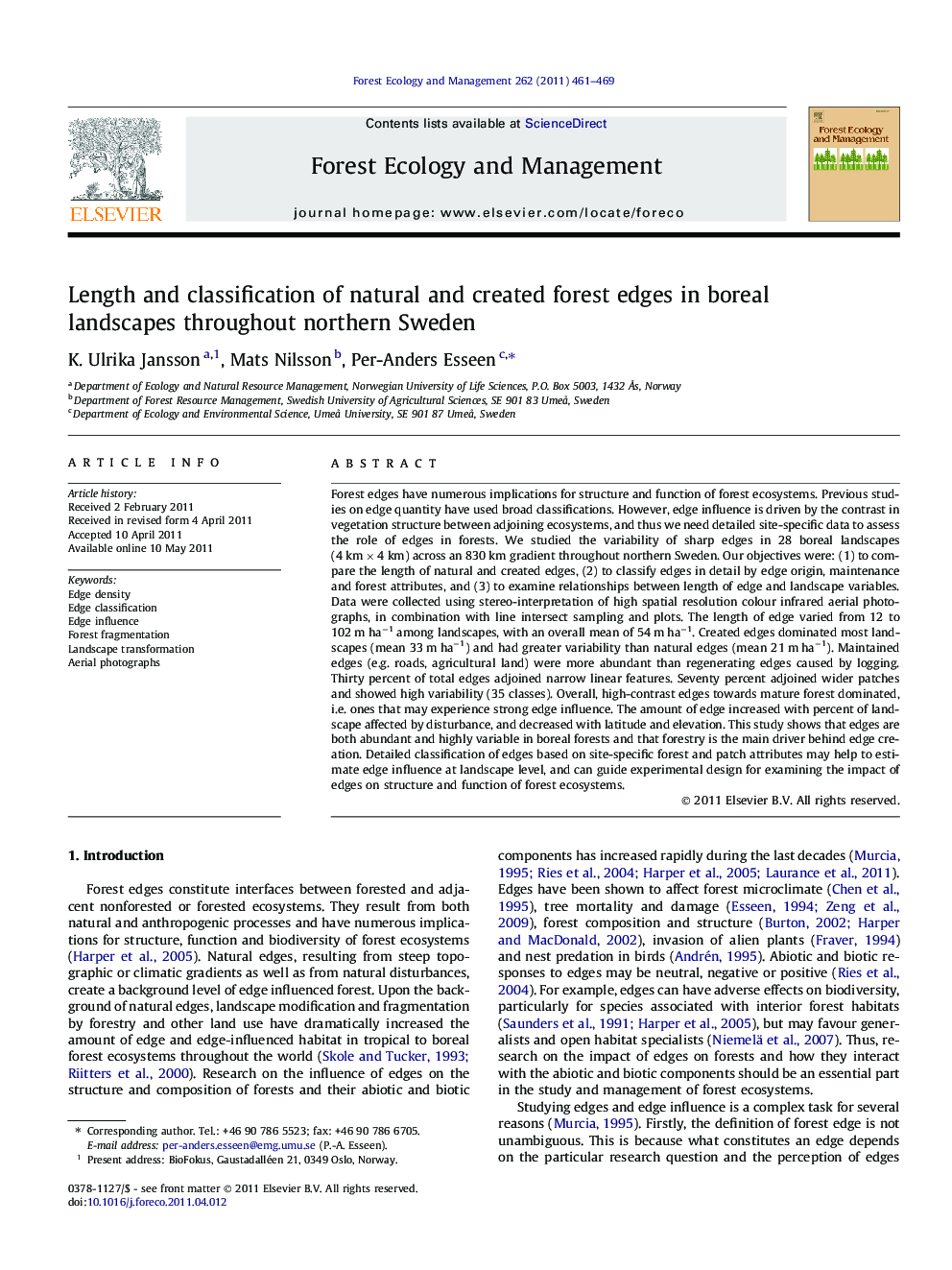 Length and classification of natural and created forest edges in boreal landscapes throughout northern Sweden