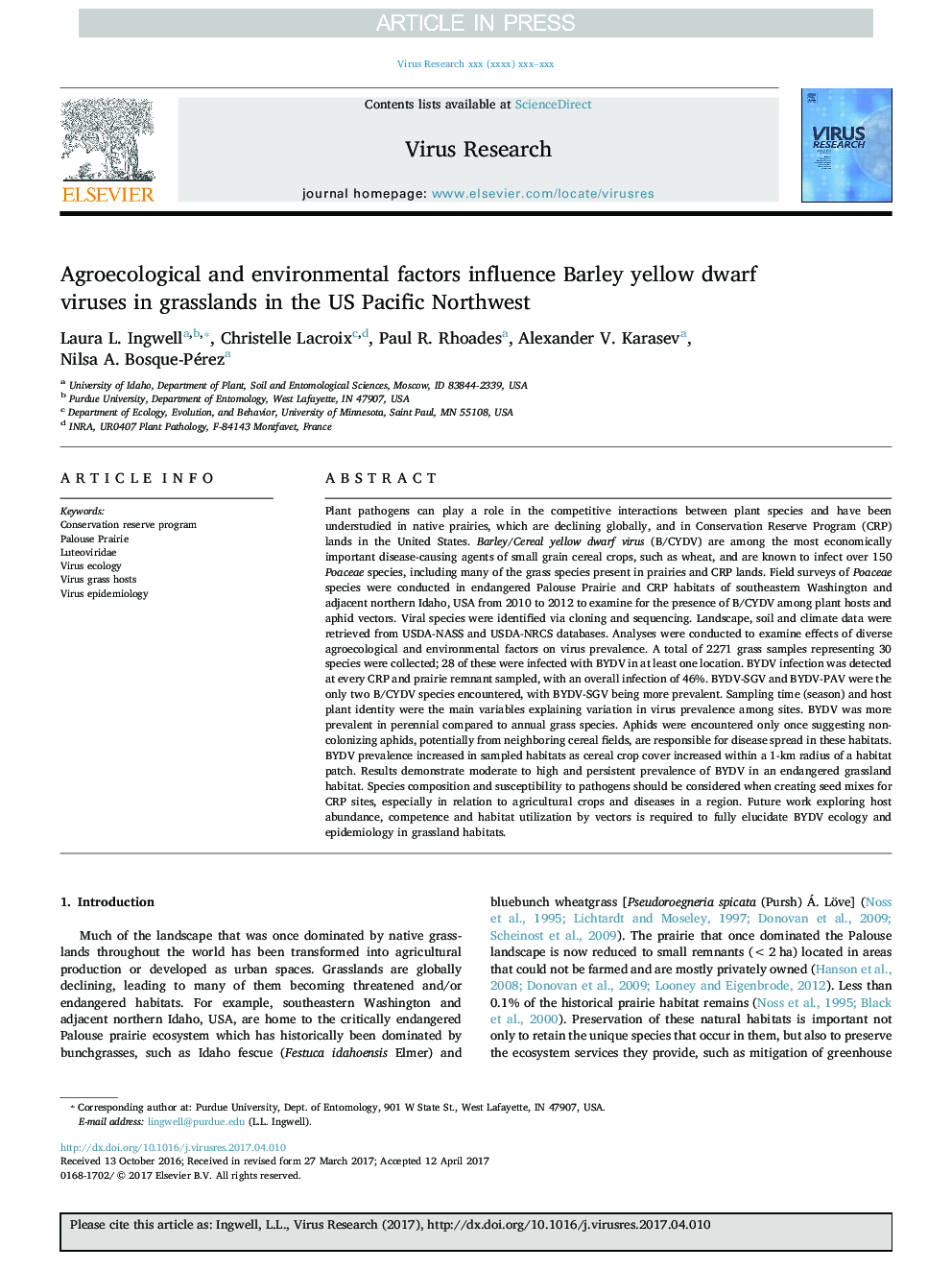 Agroecological and environmental factors influence Barley yellow dwarf viruses in grasslands in the US Pacific Northwest