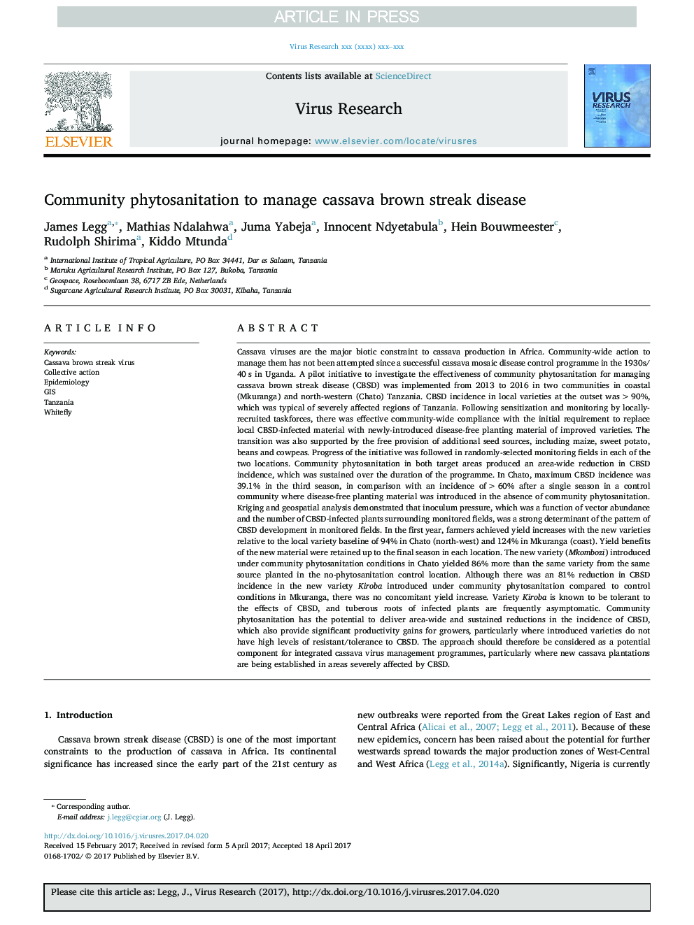 Community phytosanitation to manage cassava brown streak disease