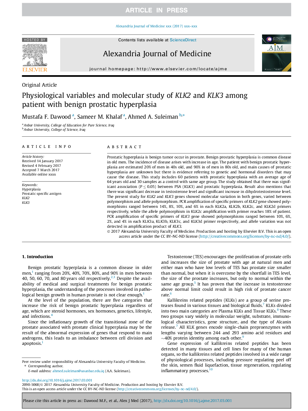 Physiological variables and molecular study of KLK2 and KLK3 among patient with benign prostatic hyperplasia