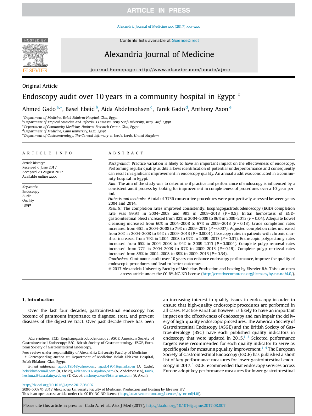 Endoscopy audit over 10Â years in a community hospital in Egypt