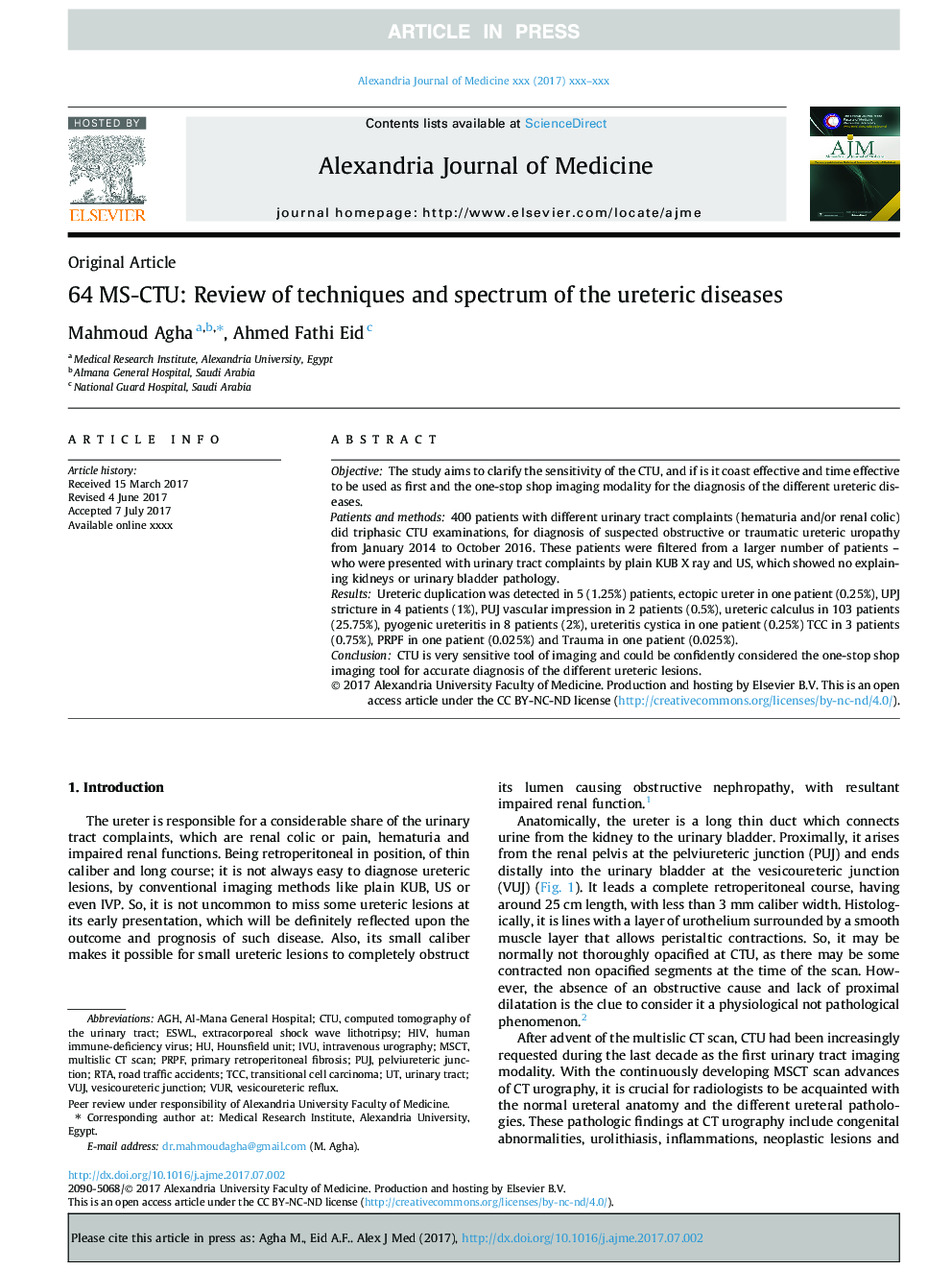 64 MS-CTU: Review of techniques and spectrum of the ureteric diseases