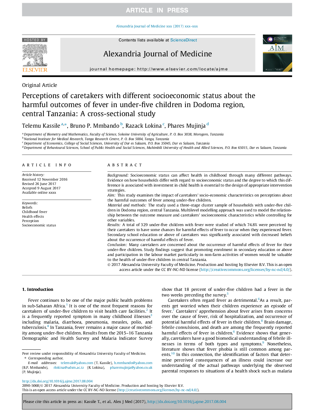 Perceptions of caretakers with different socioeconomic status about the harmful outcomes of fever in under-five children in Dodoma region, central Tanzania: A cross-sectional study