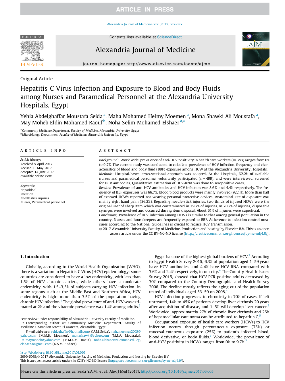 Hepatitis-C Virus Infection and Exposure to Blood and Body Fluids among Nurses and Paramedical Personnel at the Alexandria University Hospitals, Egypt