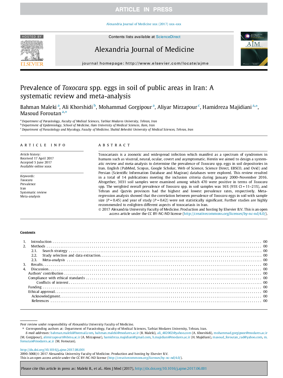 Prevalence of Toxocara spp. eggs in soil of public areas in Iran: A systematic review and meta-analysis