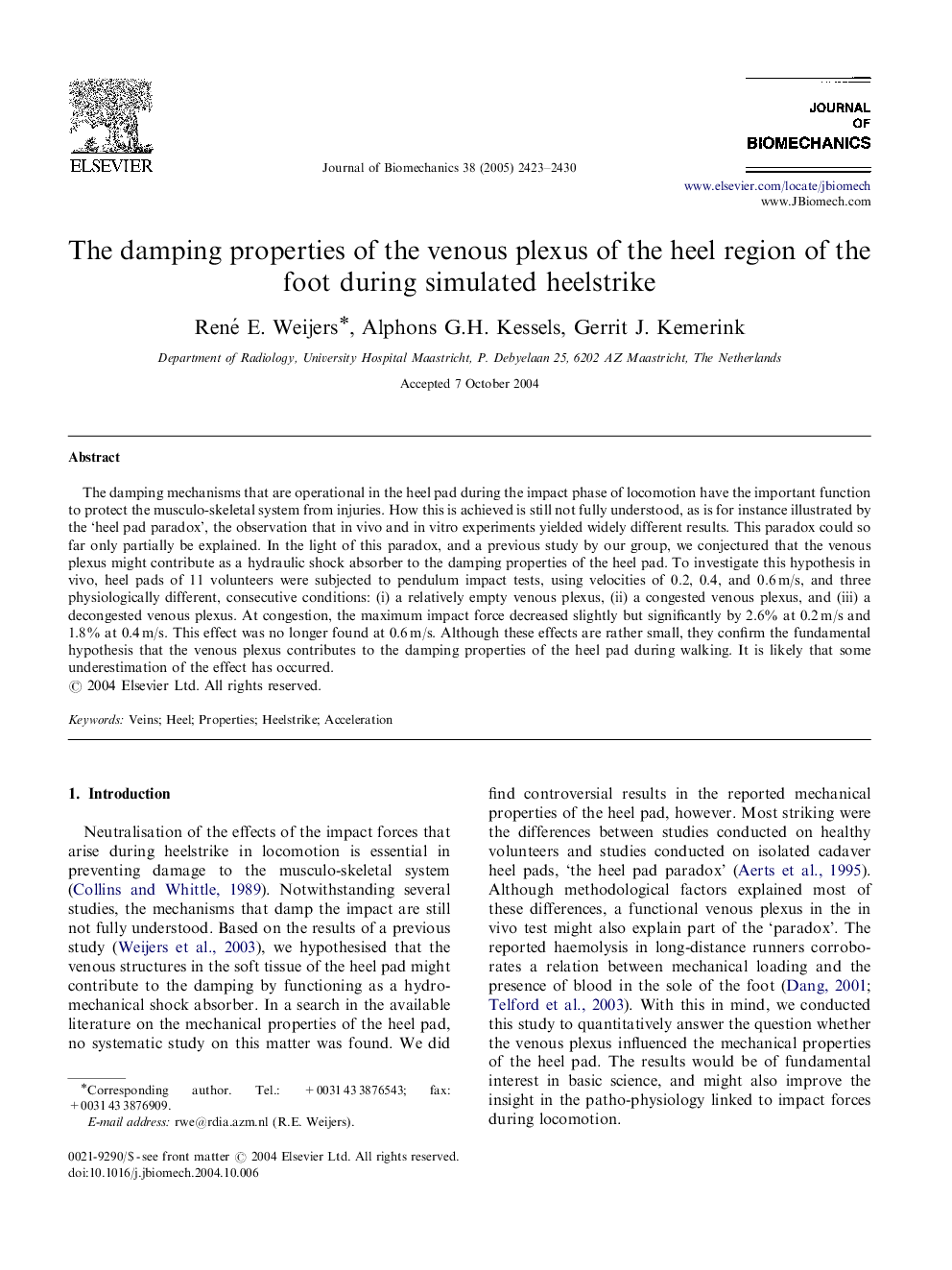 The damping properties of the venous plexus of the heel region of the foot during simulated heelstrike