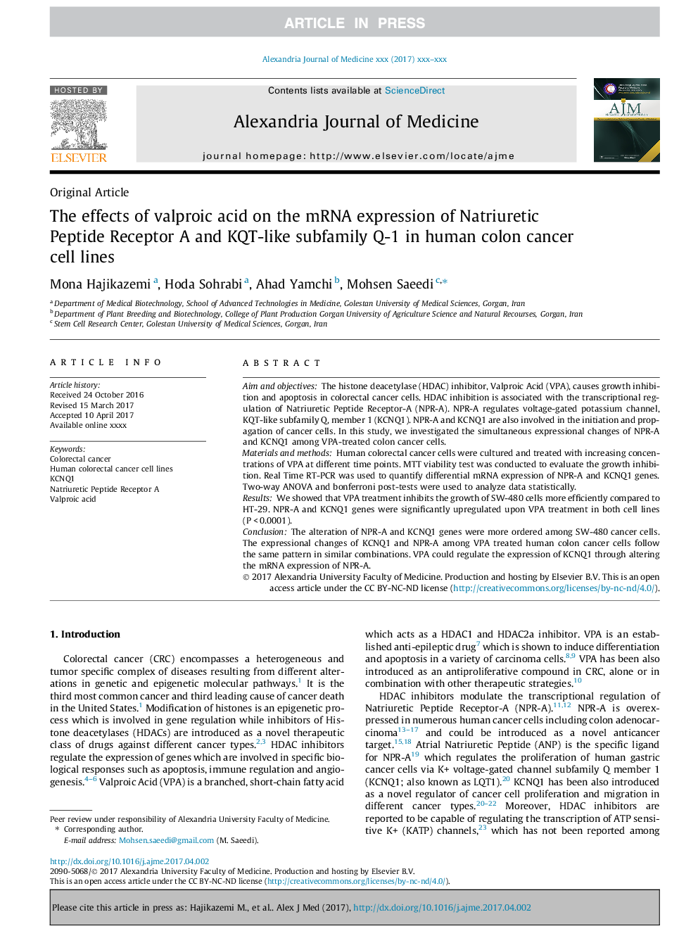 The effects of valproic acid on the mRNA expression of Natriuretic Peptide Receptor A and KQT-like subfamily Q-1 in human colon cancer cell lines