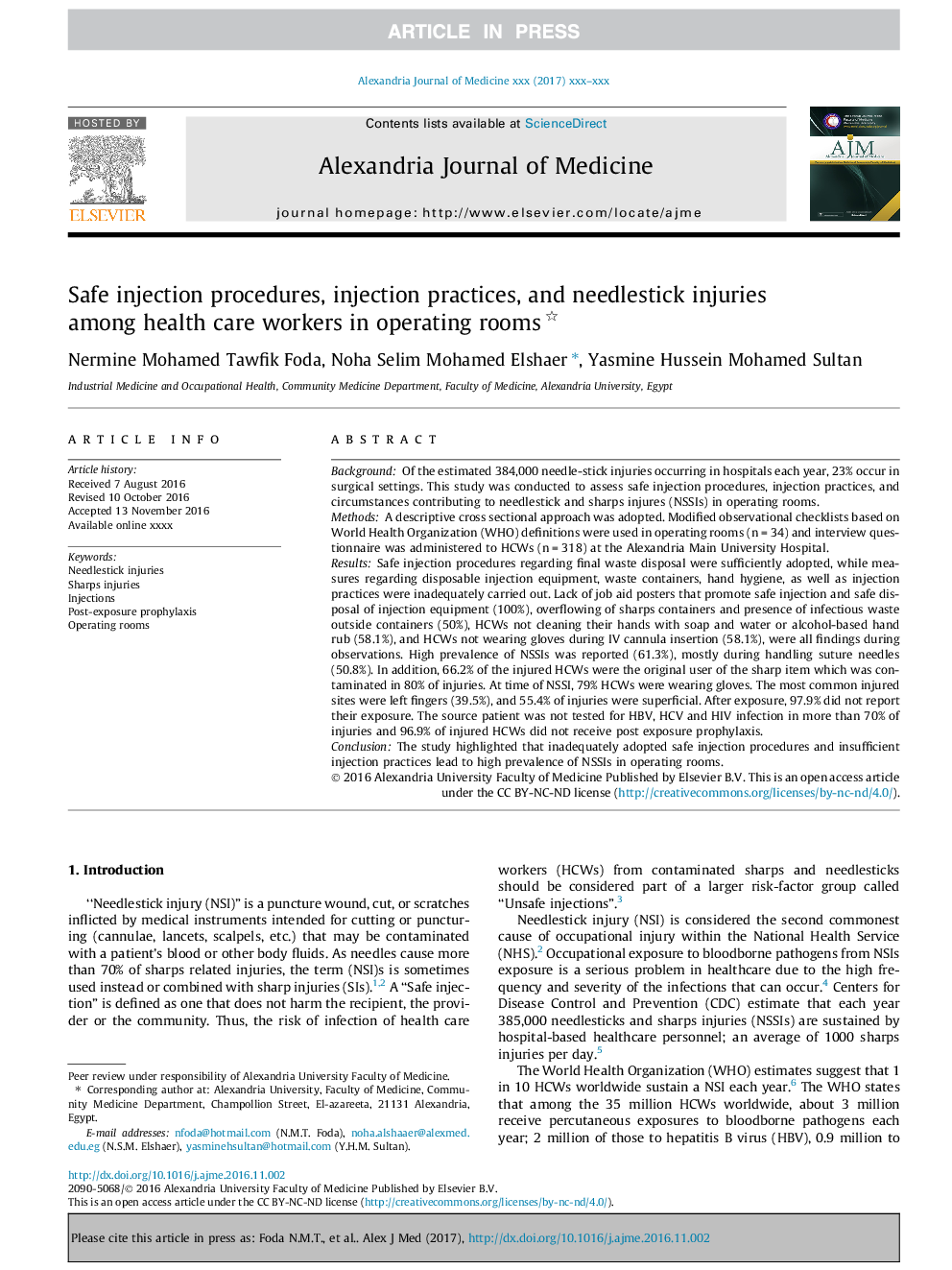 Safe injection procedures, injection practices, and needlestick injuries among health care workers in operating rooms