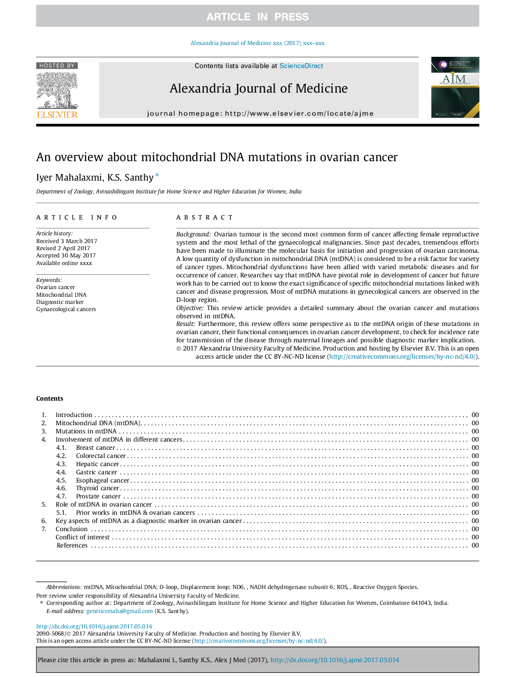 An overview about mitochondrial DNA mutations in ovarian cancer