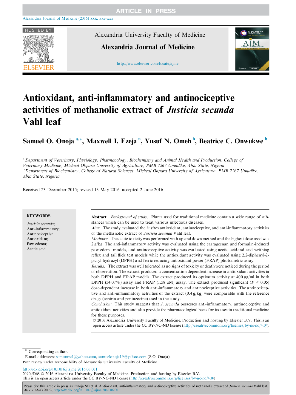 Antioxidant, anti-inflammatory and antinociceptive activities of methanolic extract of Justicia secunda Vahl leaf