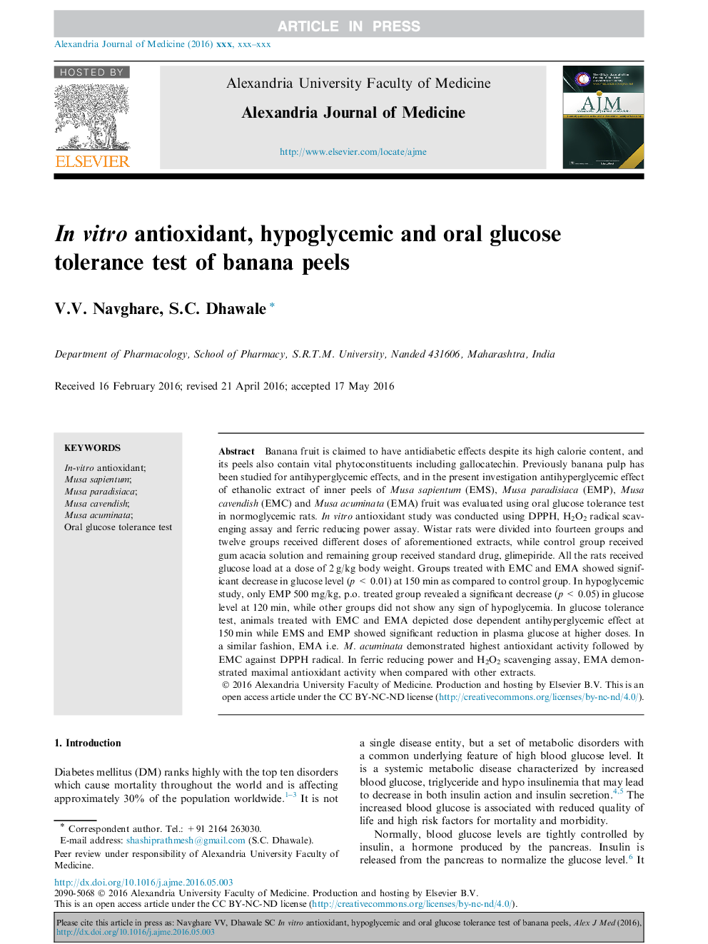 In vitro antioxidant, hypoglycemic and oral glucose tolerance test of banana peels