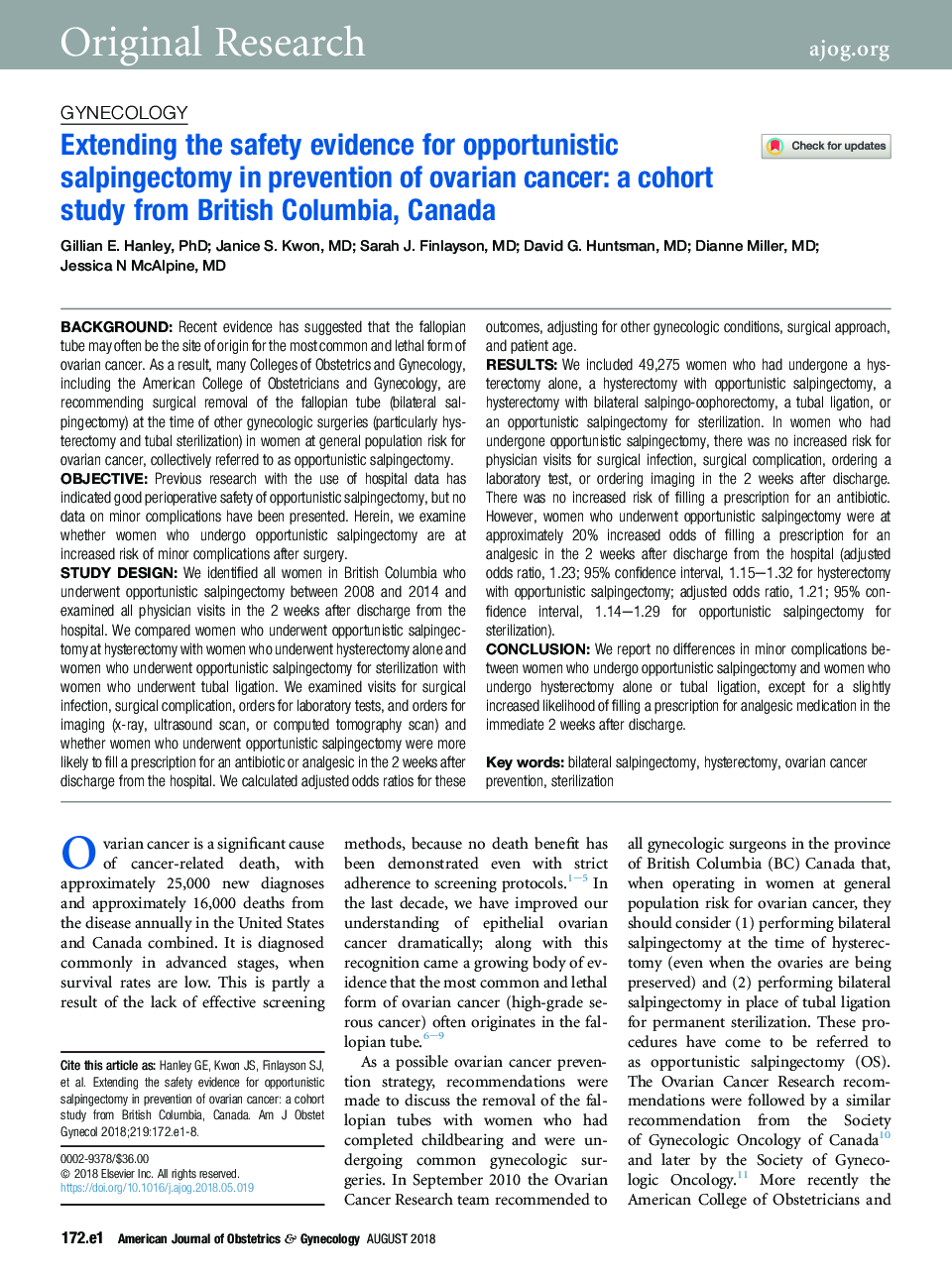گسترش شواهد ایمنی برای سالپینکتومی فرصتطلبانه در پیشگیری از سرطان تخمدان: مطالعه کوهورت از بریتیش کلمبیا، کانادا 