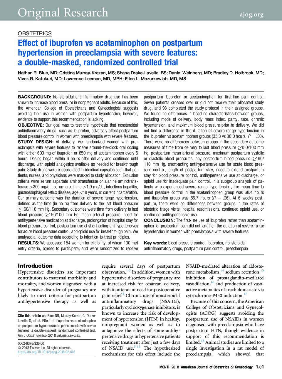 Effect of ibuprofen vs acetaminophen on postpartum hypertension in preeclampsia with severe features: aÂ double-masked, randomized controlled trial