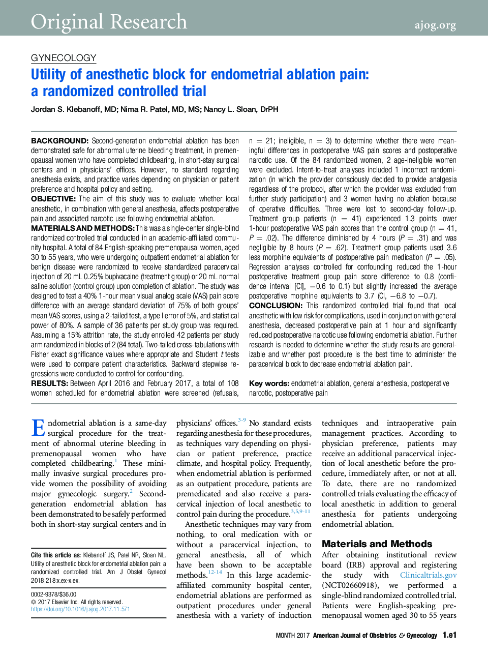 Utility of anesthetic block for endometrial ablation pain: aÂ randomized controlled trial