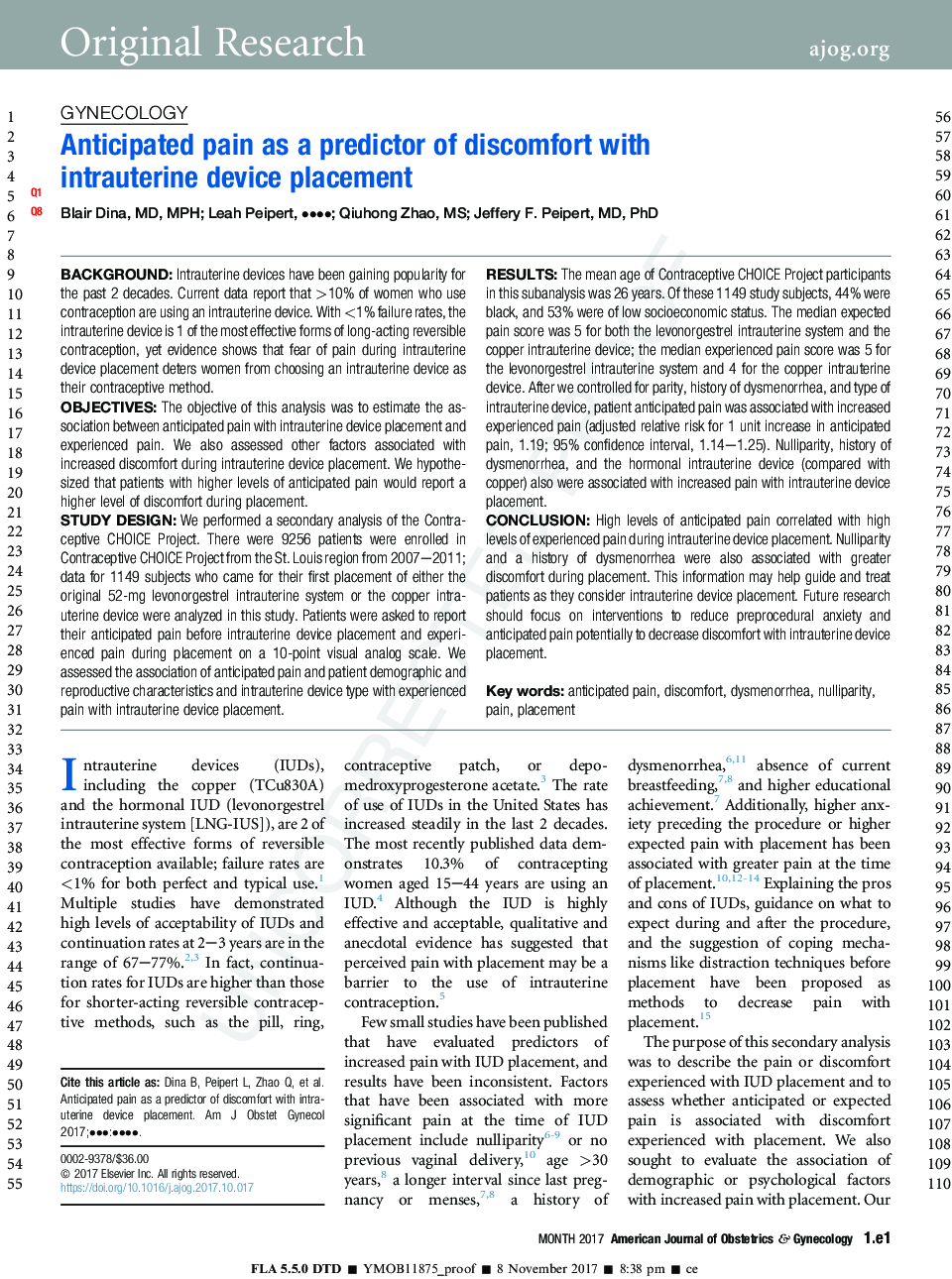 Anticipated pain as a predictor of discomfort with intrauterine device placement