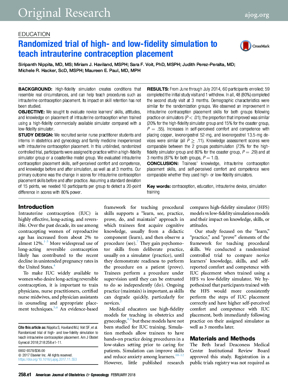 Randomized trial of high- and low-fidelity simulation to teach intrauterine contraception placement