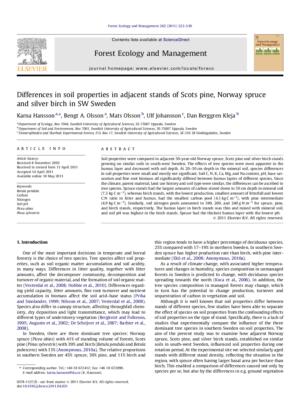 Differences in soil properties in adjacent stands of Scots pine, Norway spruce and silver birch in SW Sweden