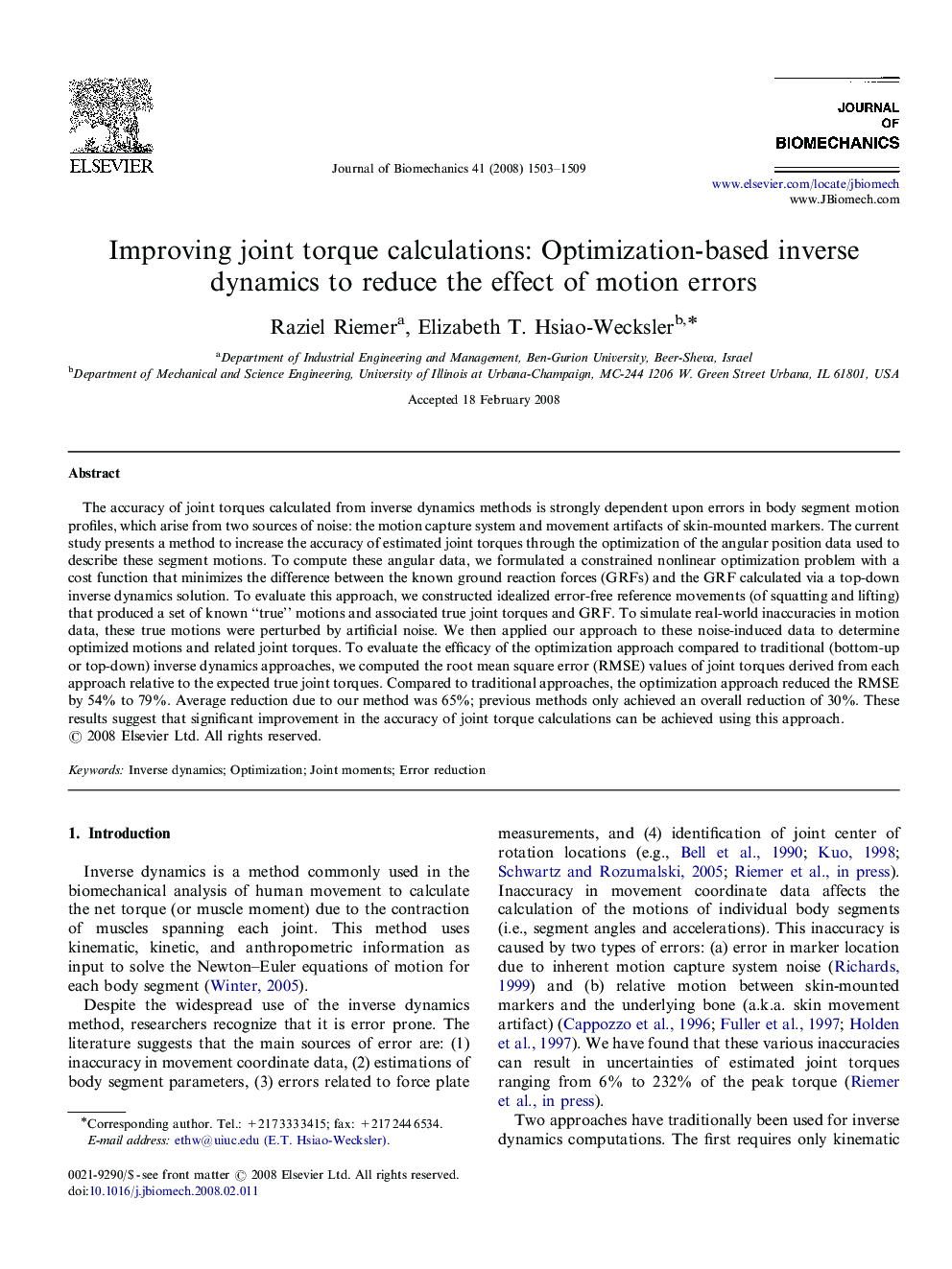 Improving joint torque calculations: Optimization-based inverse dynamics to reduce the effect of motion errors