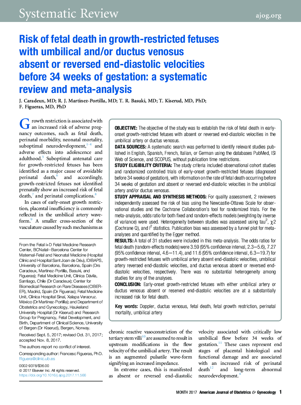 Risk of fetal death in growth-restricted fetuses with umbilical and/or ductus venosus absentÂ or reversed end-diastolic velocities before 34 weeks of gestation: a systematic review and meta-analysis