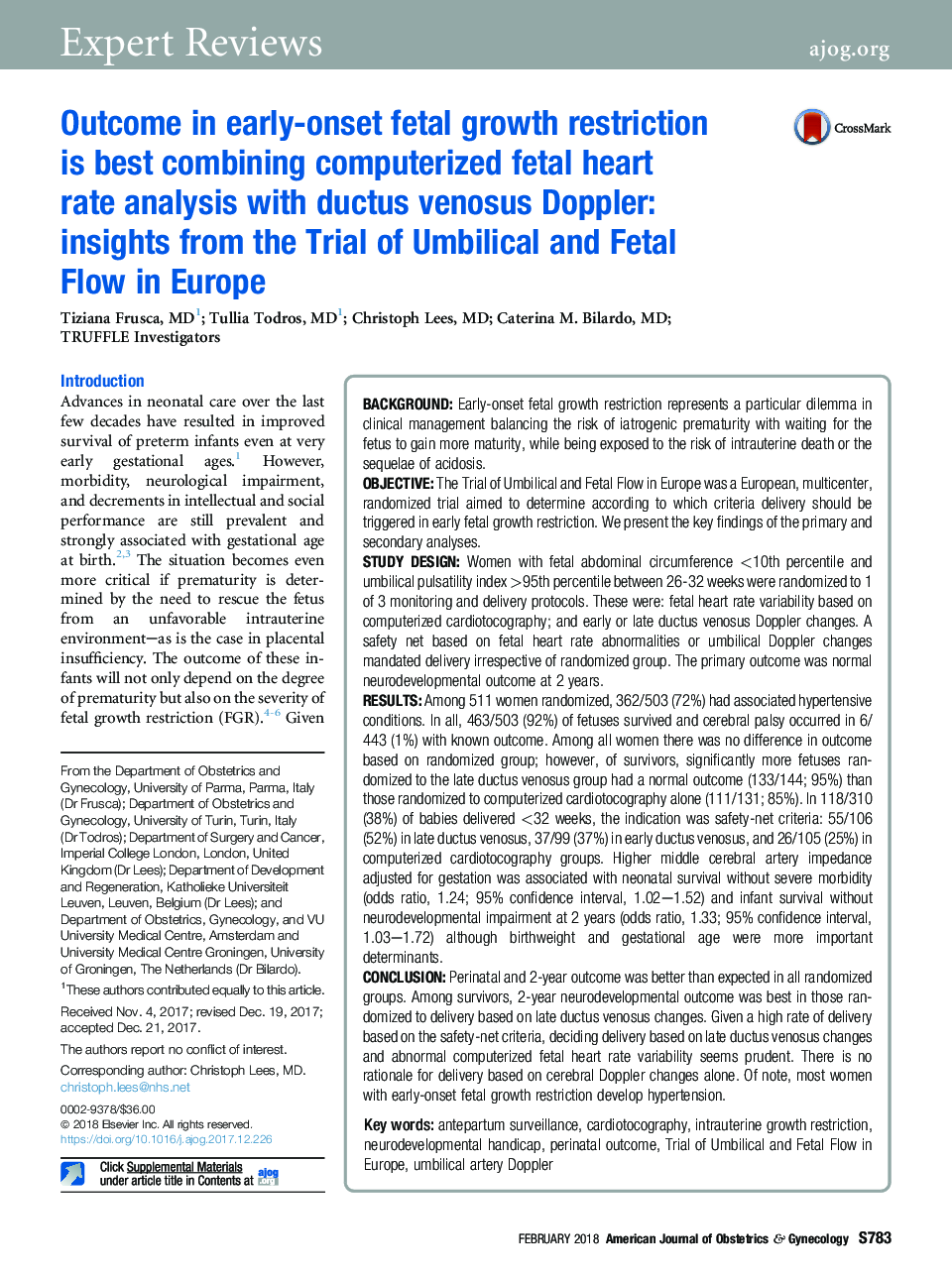 Outcome in early-onset fetal growth restriction isÂ best combining computerized fetal heart rate analysis with ductus venosus Doppler: insights from the Trial of Umbilical and Fetal Flow in Europe